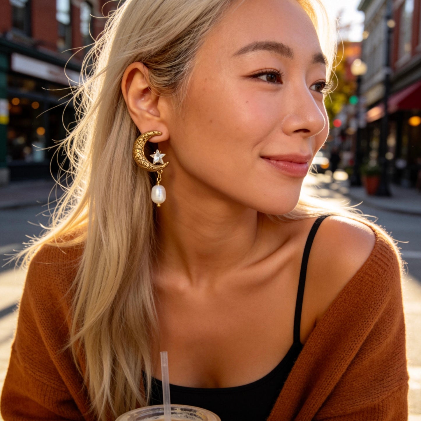 Vintage Moon Star Pearl Drop Earrings