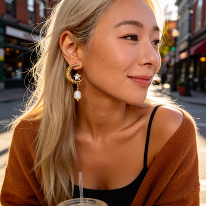 Vintage Moon Star Pearl Drop Earrings