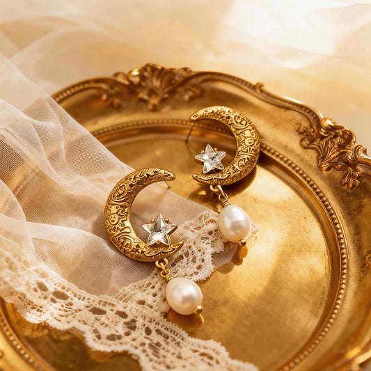 Vintage Moon Star Pearl Drop Earrings