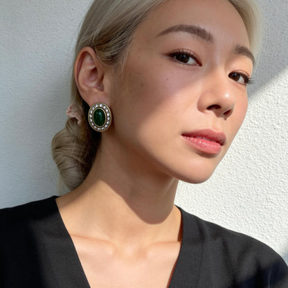 Vintage Green Stone Oval Stud Earrings
