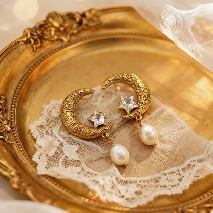 Vintage Moon Star Pearl Drop Earrings