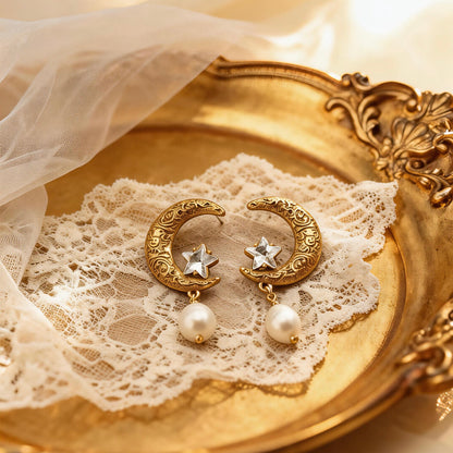 Vintage Moon Star Pearl Drop Earrings