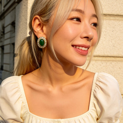 Vintage Green Stone Oval Stud Earrings