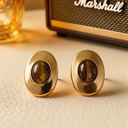 Oval Tiger Eye Stud Earrings