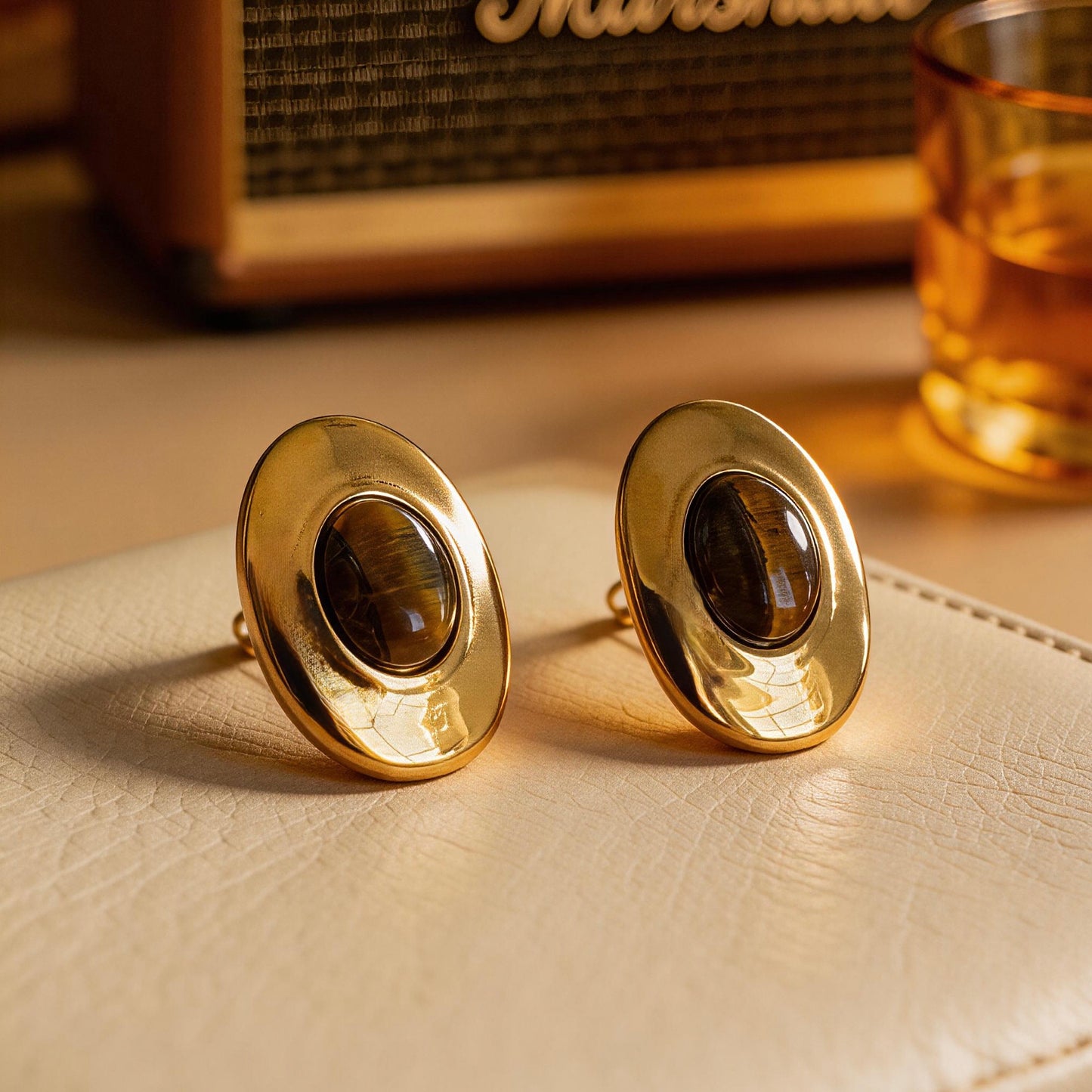 Oval Tiger Eye Stud Earrings