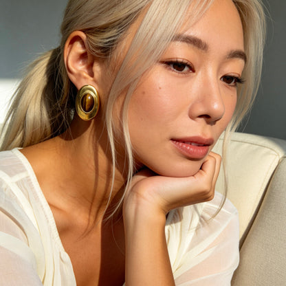 Oval Tiger Eye Stud Earrings