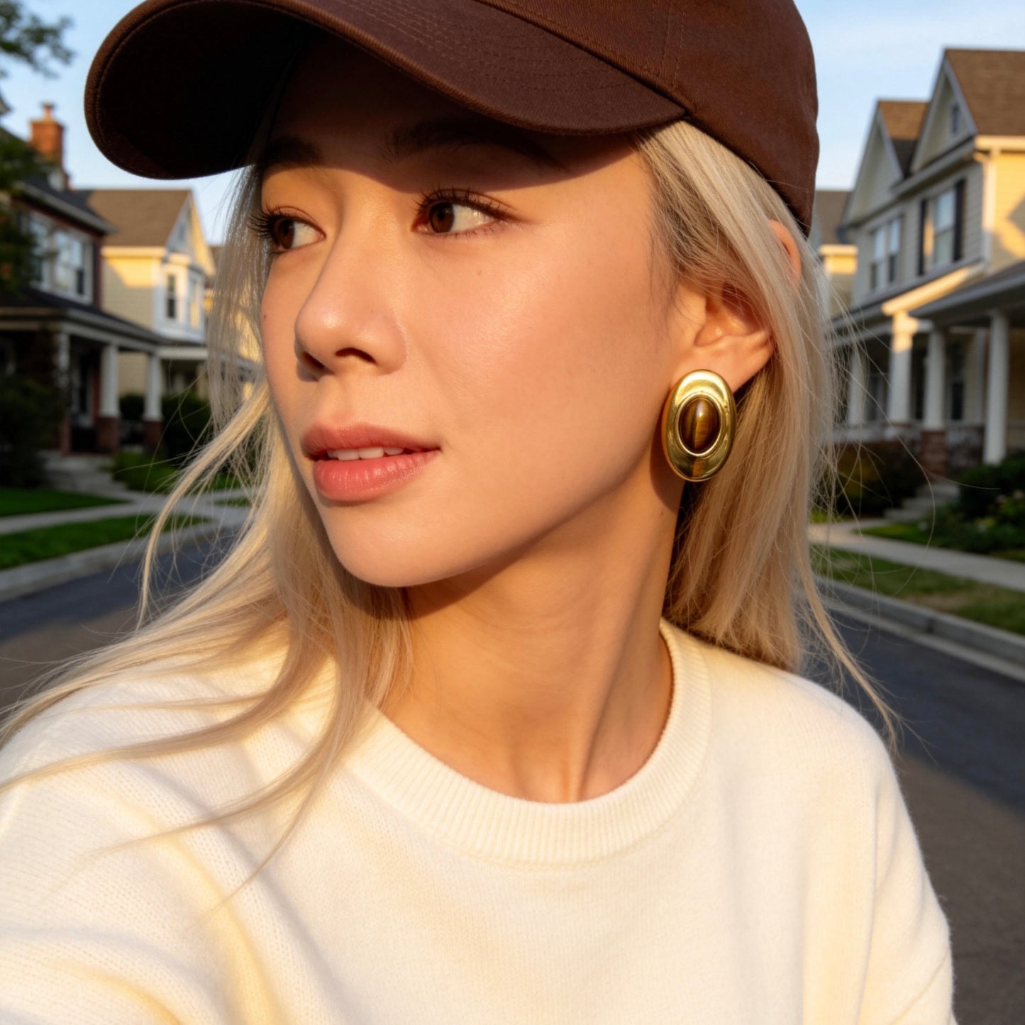 Oval Tiger Eye Stud Earrings