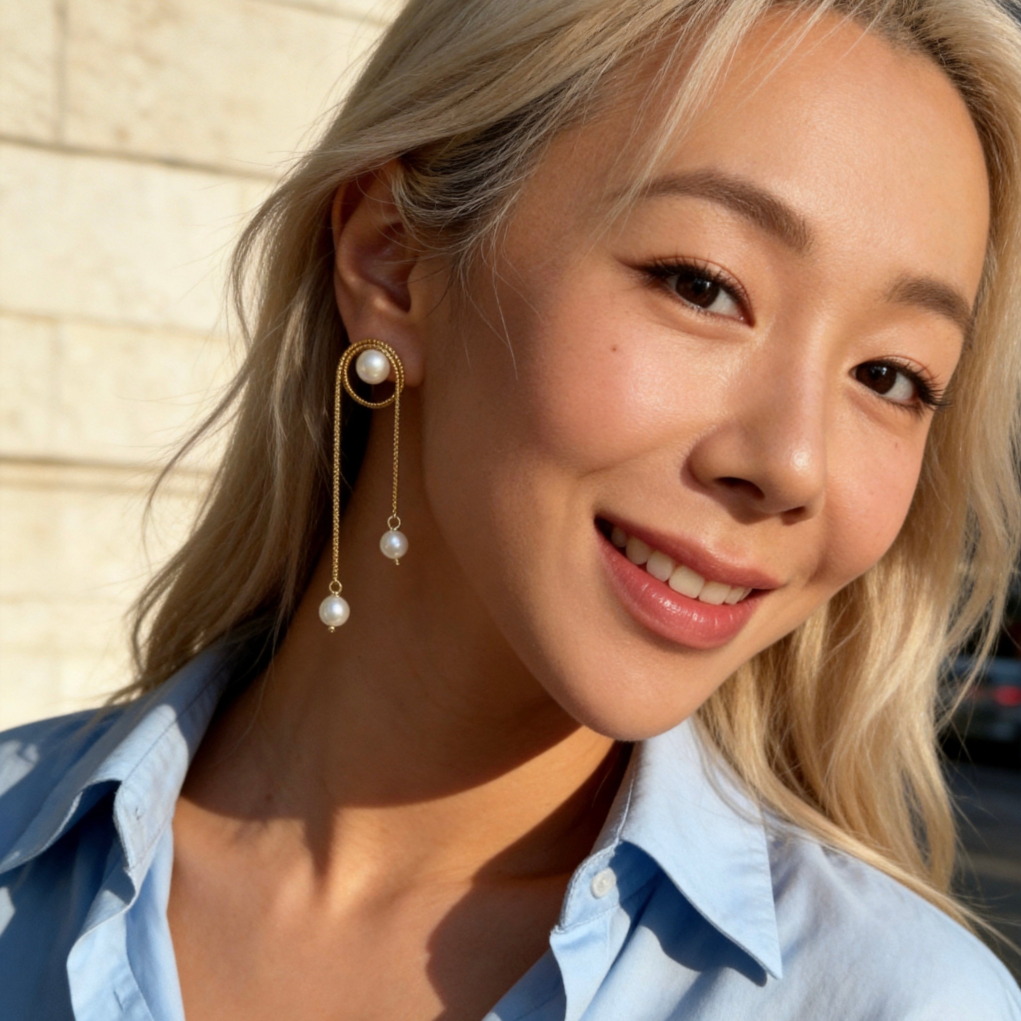 Gold Pearl Chain Drop Earrings
