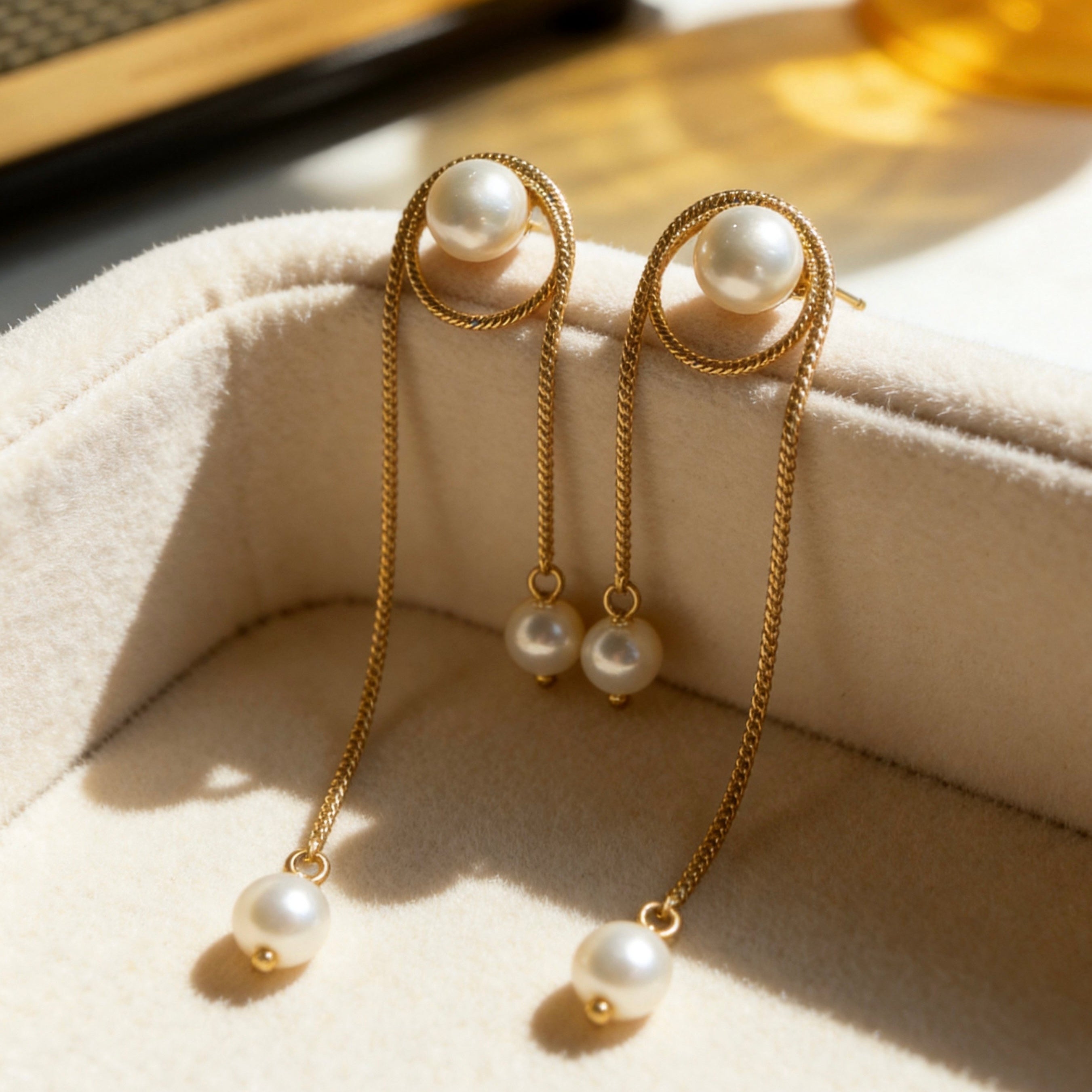 Gold Pearl Chain Drop Earrings