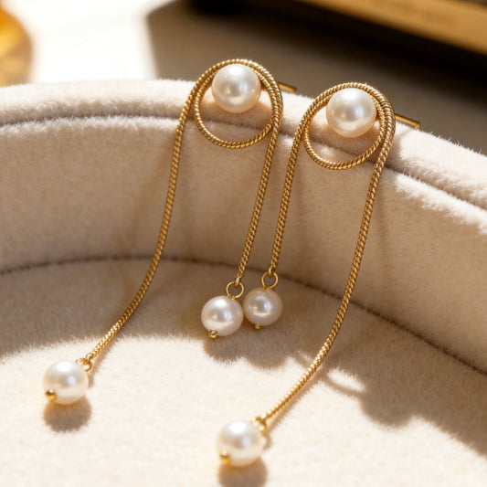 Gold Pearl Chain Drop Earrings