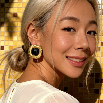 Black Onyx Gold Vintage Stud Earrings