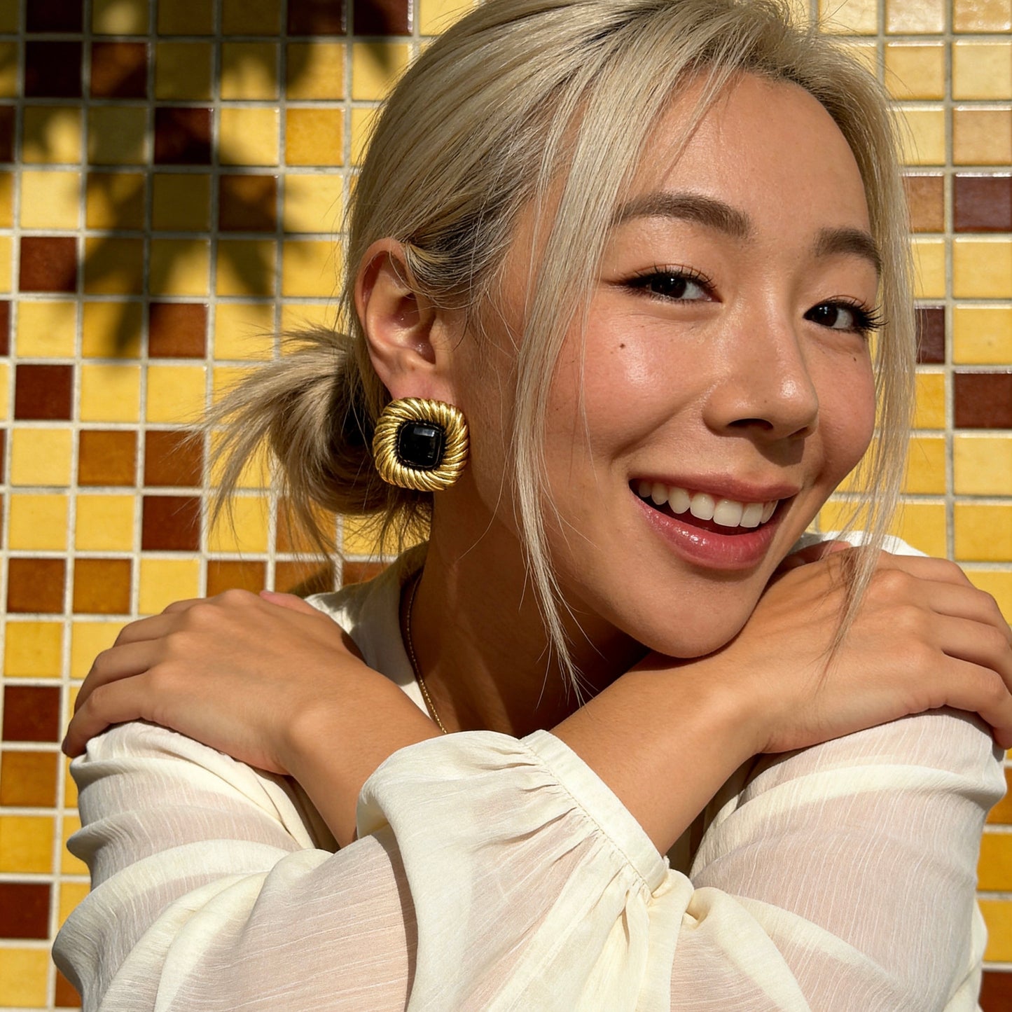 Black Onyx Gold Vintage Stud Earrings