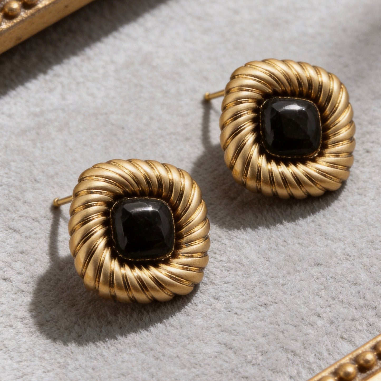 Black Onyx Gold Vintage Stud Earrings