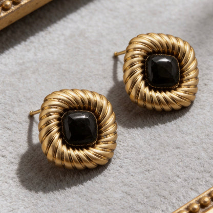 Black Onyx Gold Vintage Stud Earrings