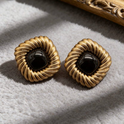 Black Onyx Gold Vintage Stud Earrings