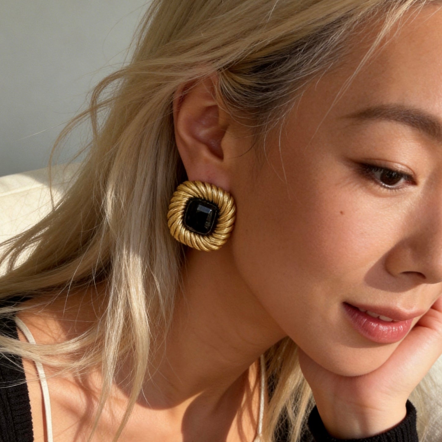Black Onyx Gold Vintage Stud Earrings