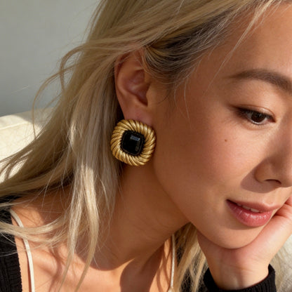 Black Onyx Gold Vintage Stud Earrings