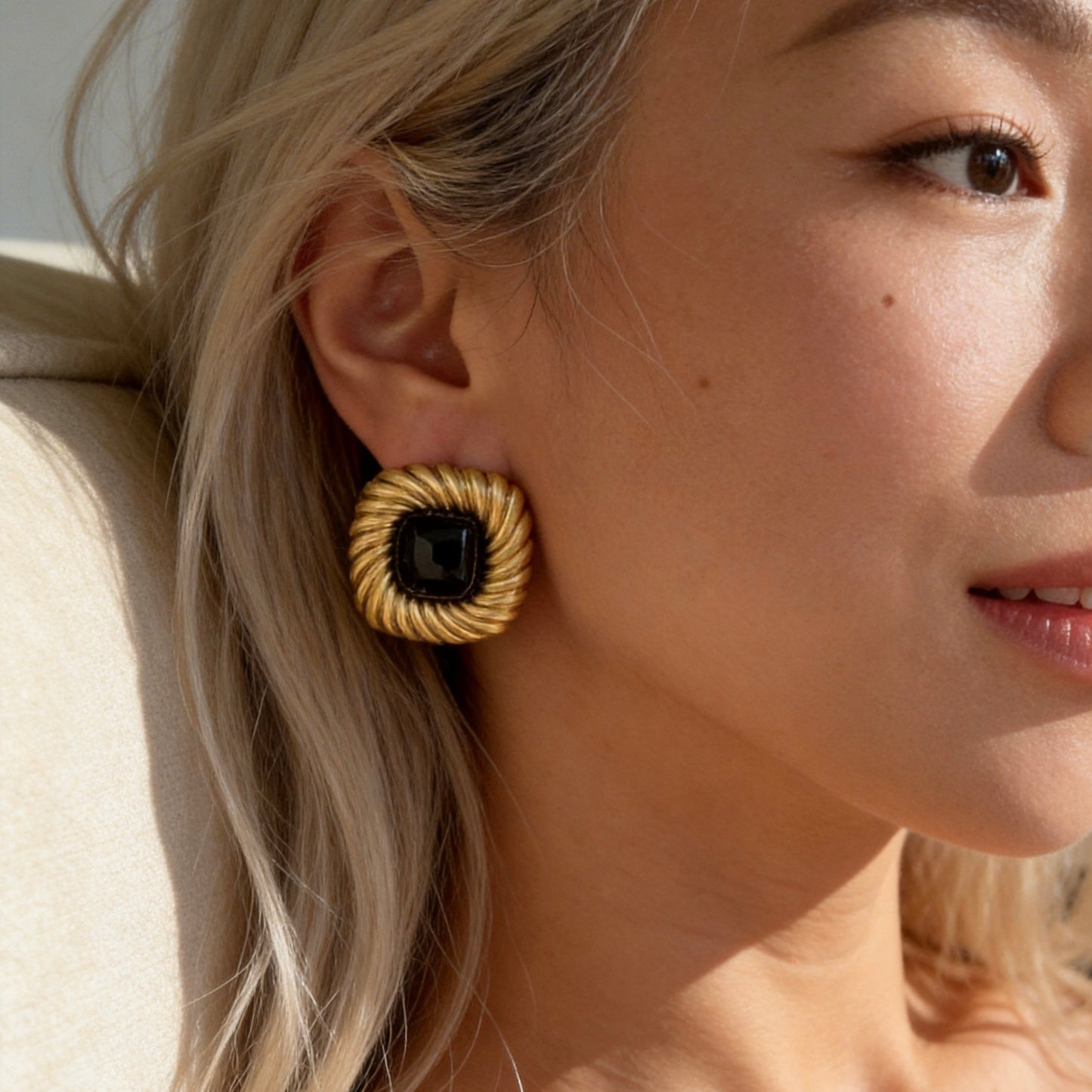 Black Onyx Gold Vintage Stud Earrings