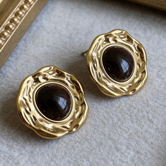 Gold Brown Stone Statement Stud Earrings
