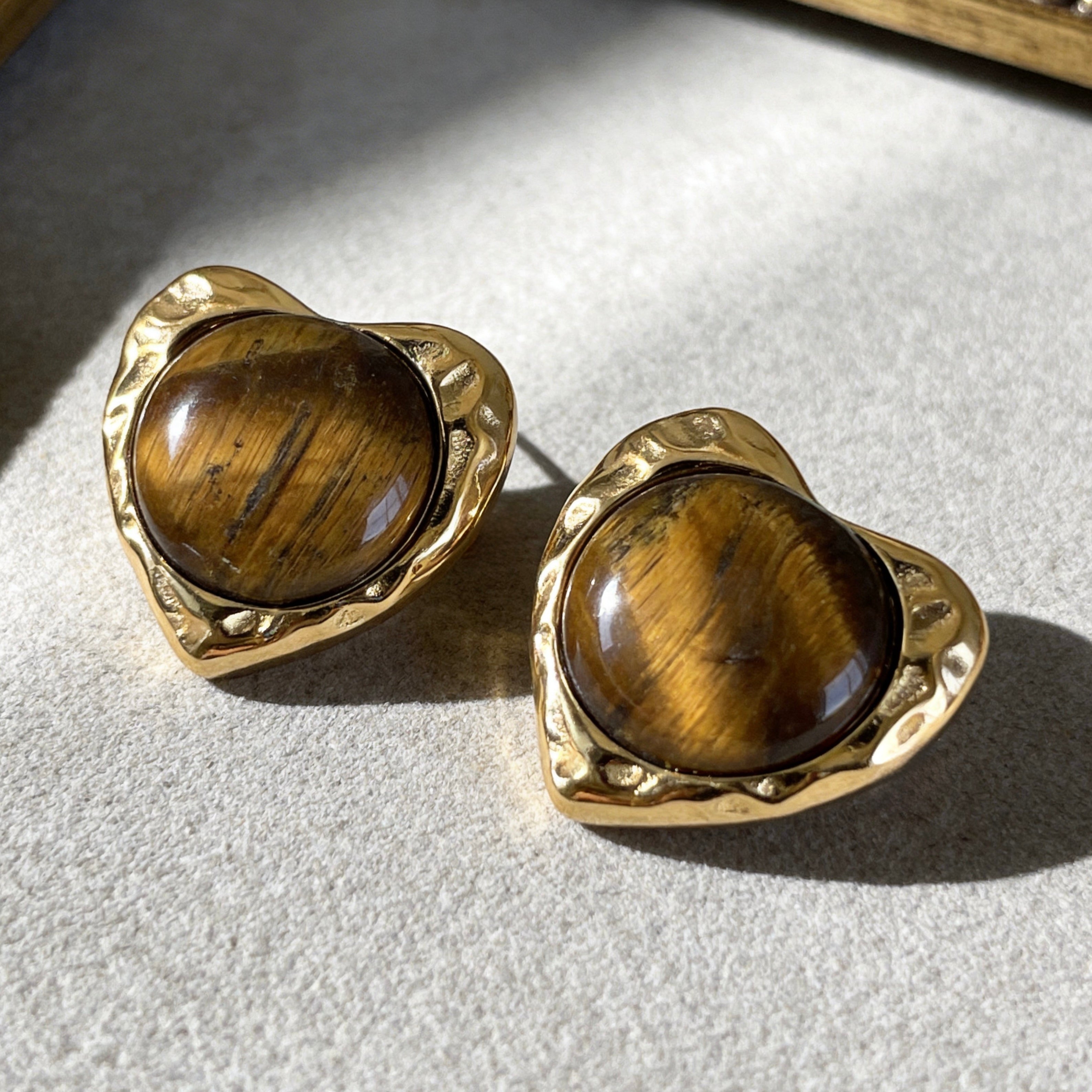 Gold Tiger Eye Heart Stud Earrings