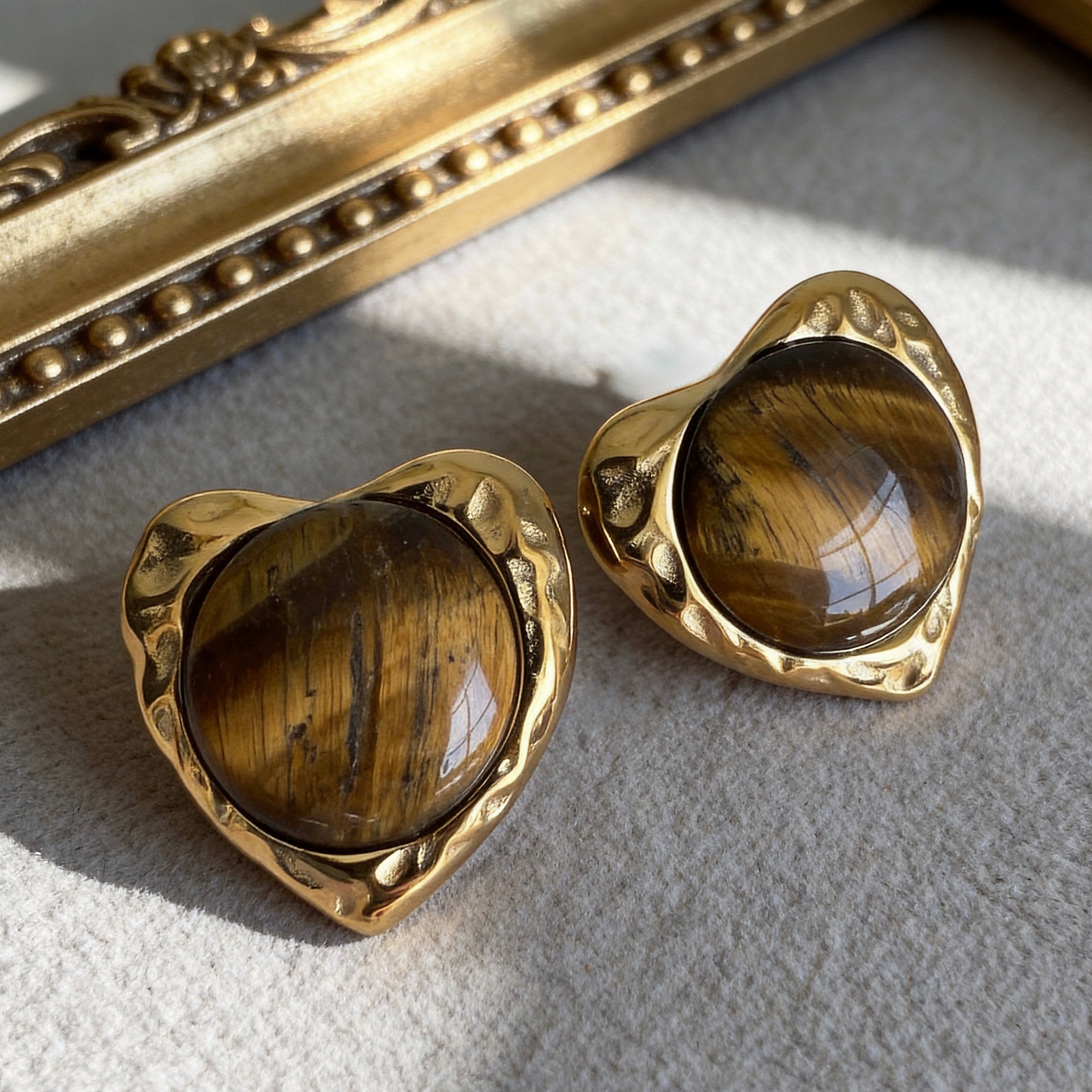 Gold Tiger Eye Heart Stud Earrings