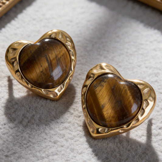 Gold Tiger Eye Heart Stud Earrings