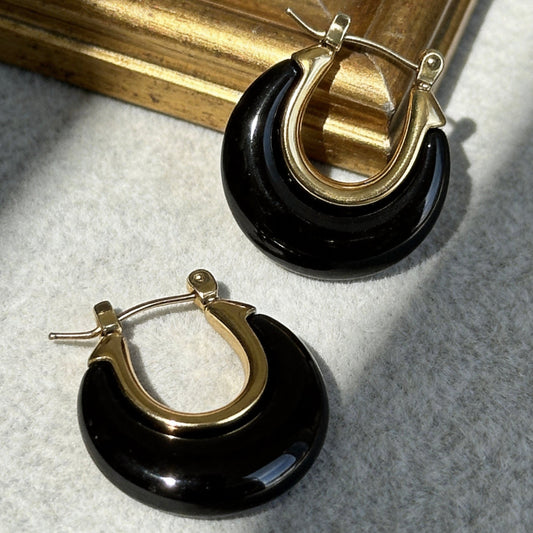 Black Onyx Gold Hoop Earrings