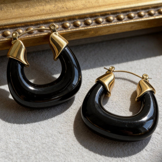 Black Onyx Gold Hoop Earrings