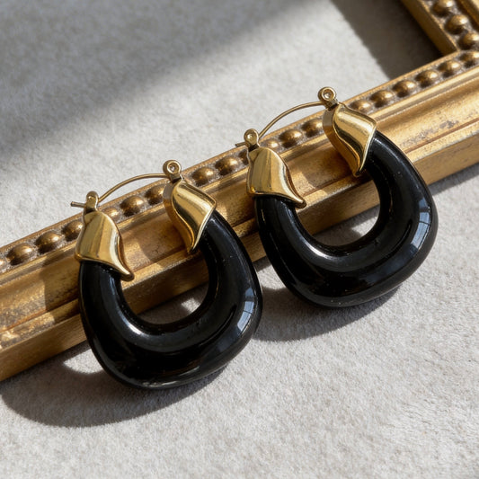Black Onyx Gold Hoop Earrings