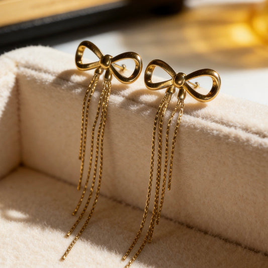 Gold Bow Tassel Chain Drop Earrings
