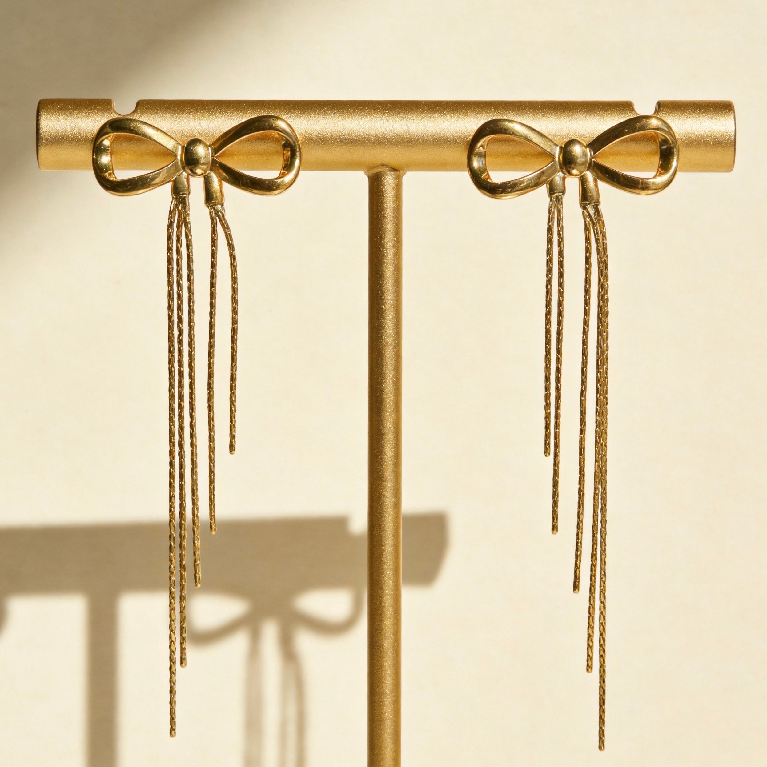 Gold Bow Tassel Chain Drop Earrings