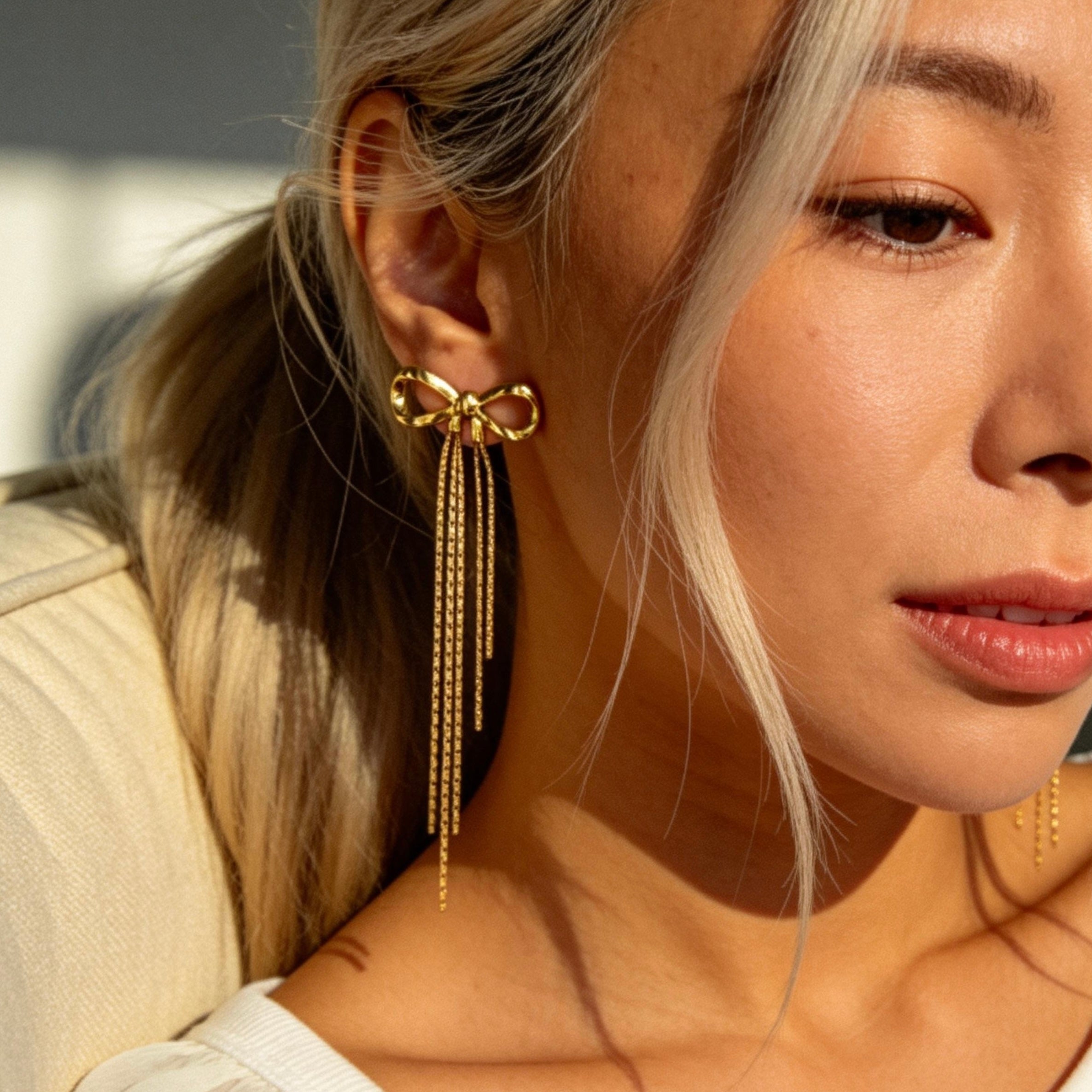 Gold Bow Tassel Chain Drop Earrings