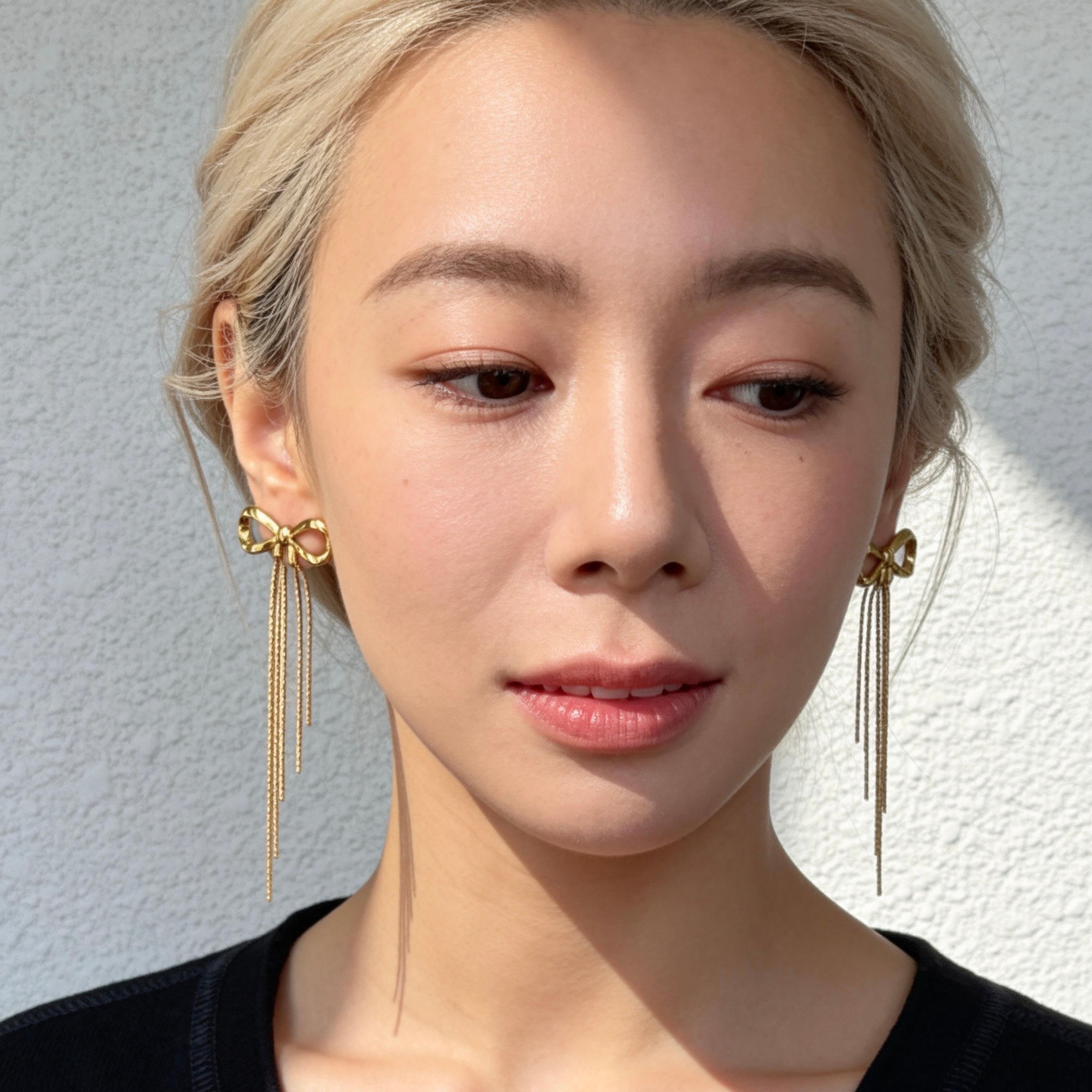 Gold Bow Tassel Chain Drop Earrings
