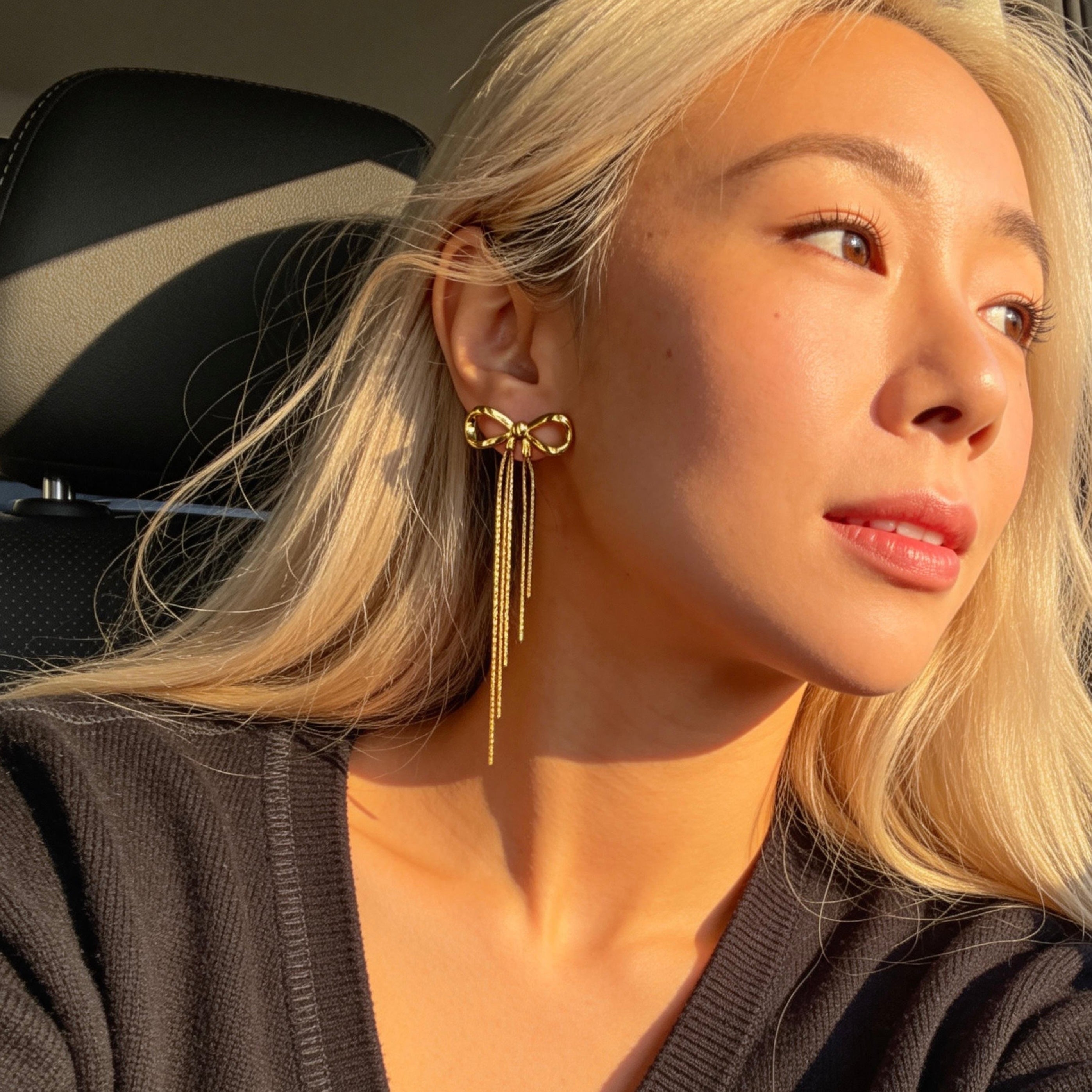 Gold Bow Tassel Chain Drop Earrings
