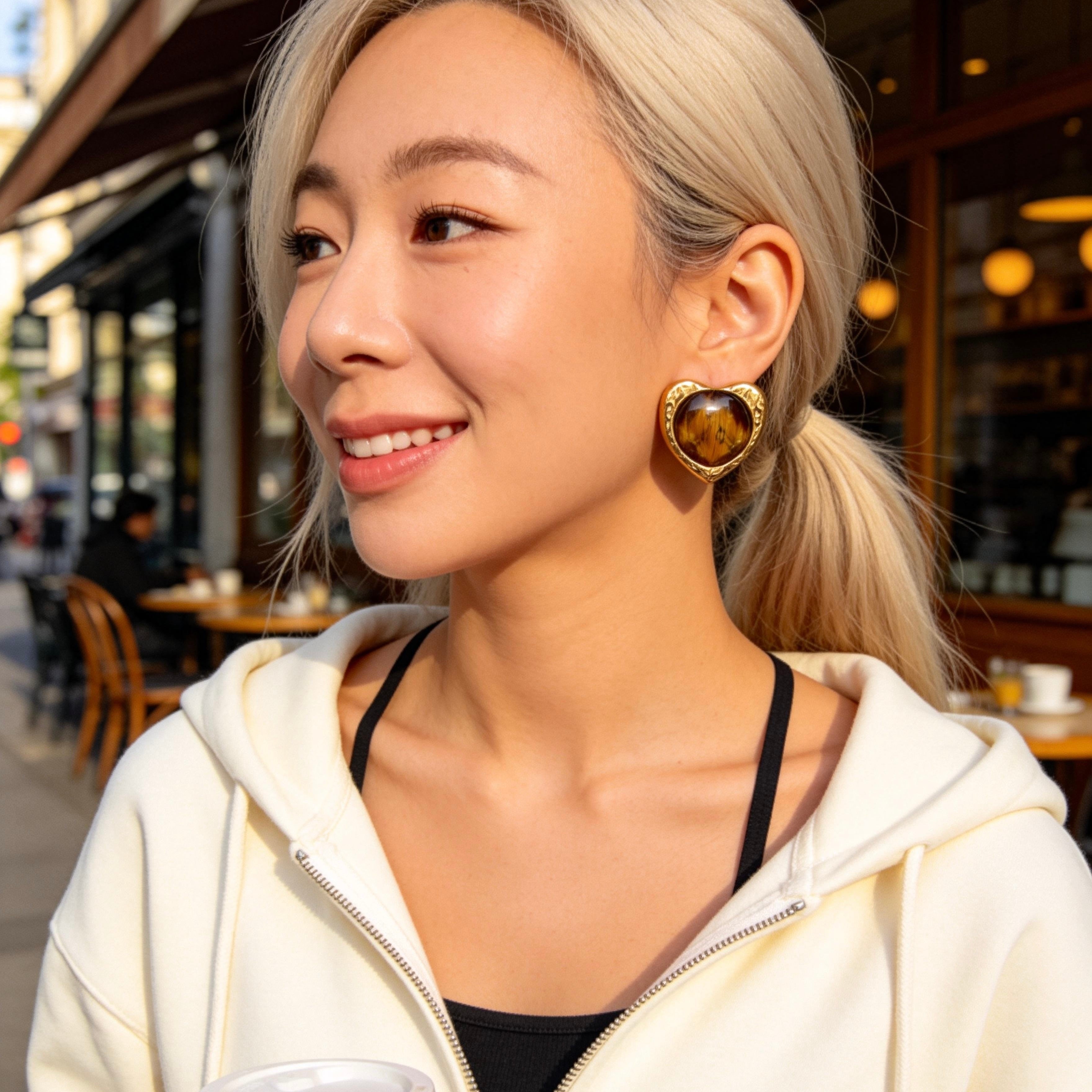 Gold Tiger Eye Heart Stud Earrings