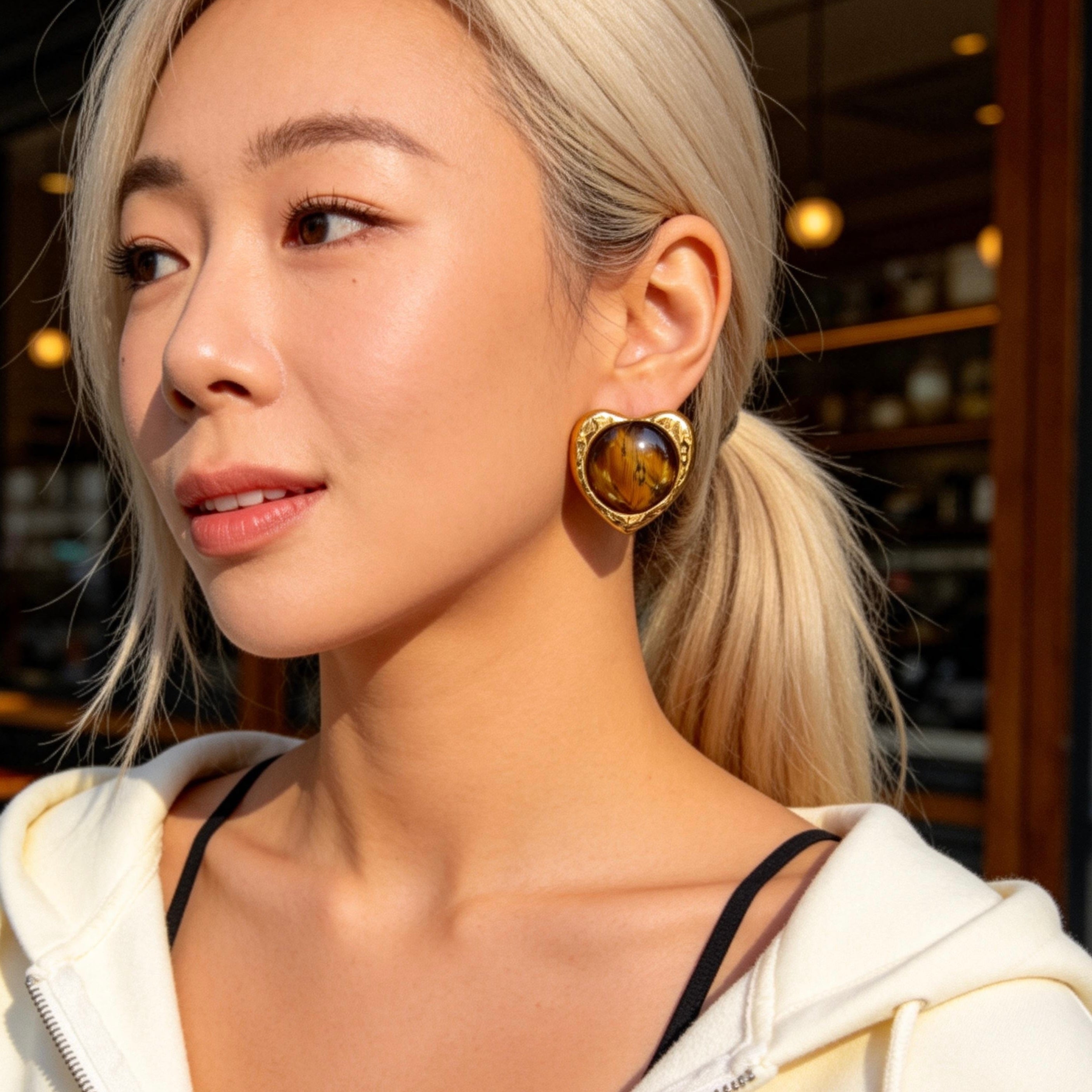 Gold Tiger Eye Heart Stud Earrings
