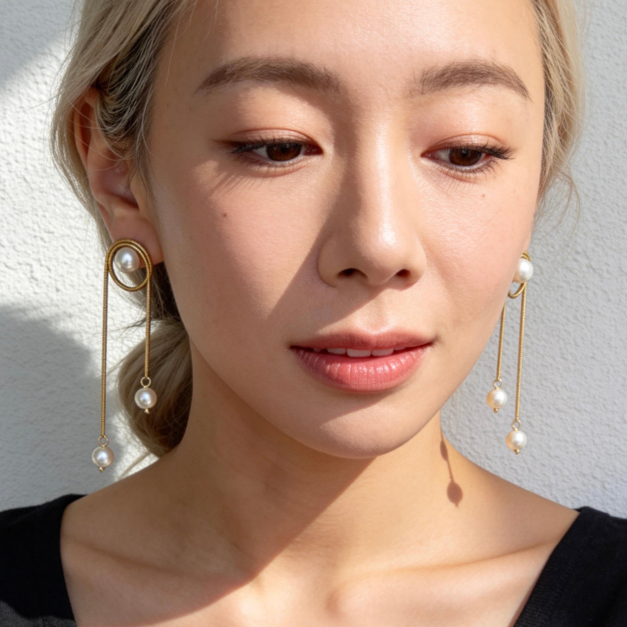 Gold Pearl Chain Drop Earrings
