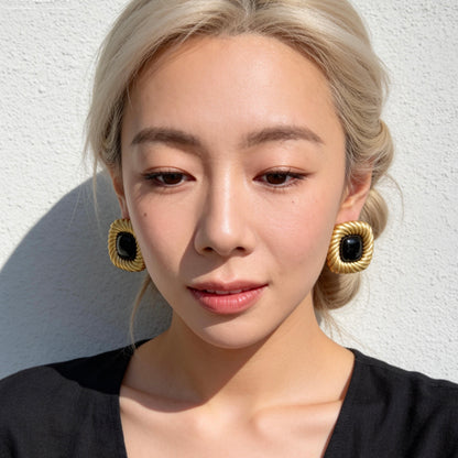 Black Onyx Gold Vintage Stud Earrings