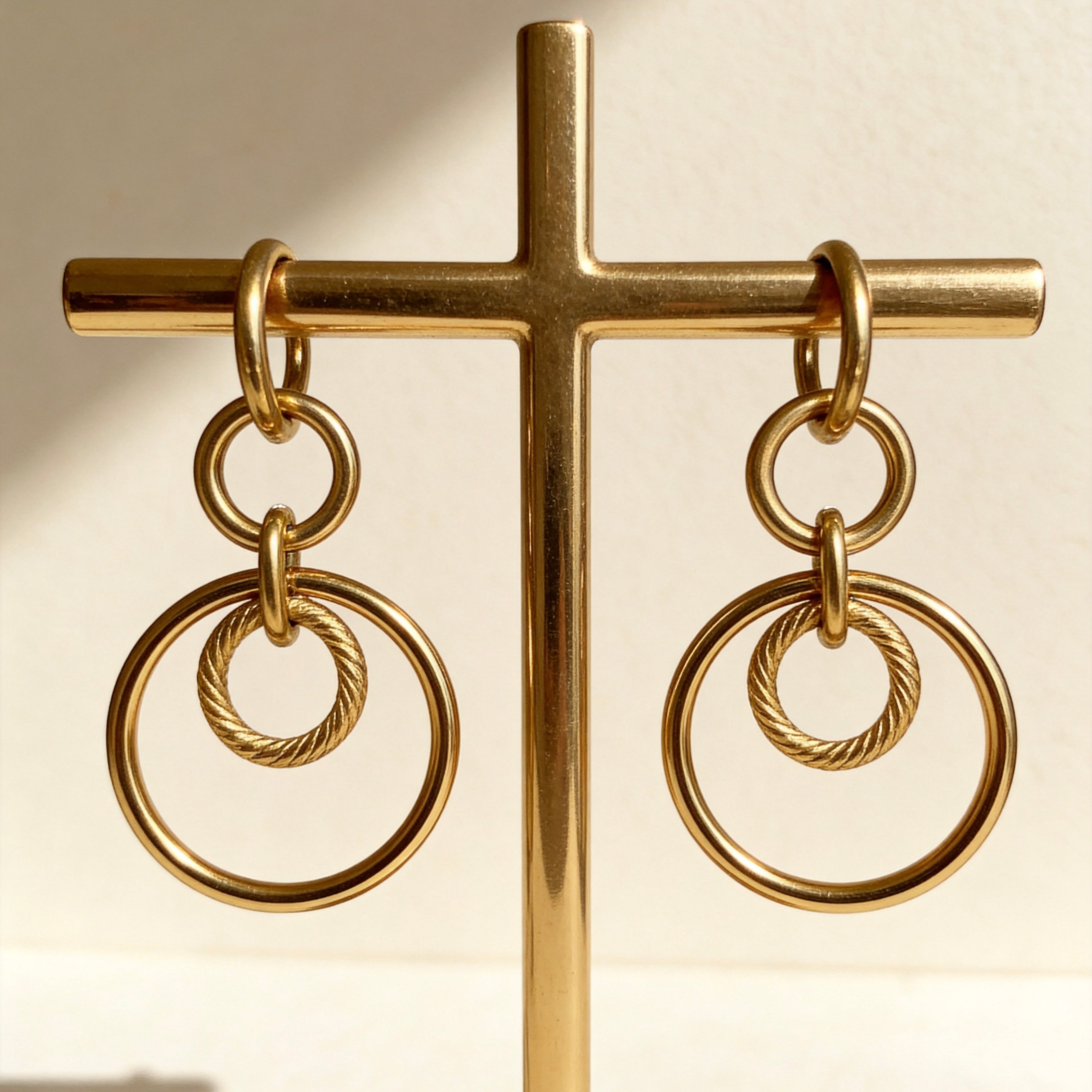 Gold Double Hoop Drop Earrings Geometric Style