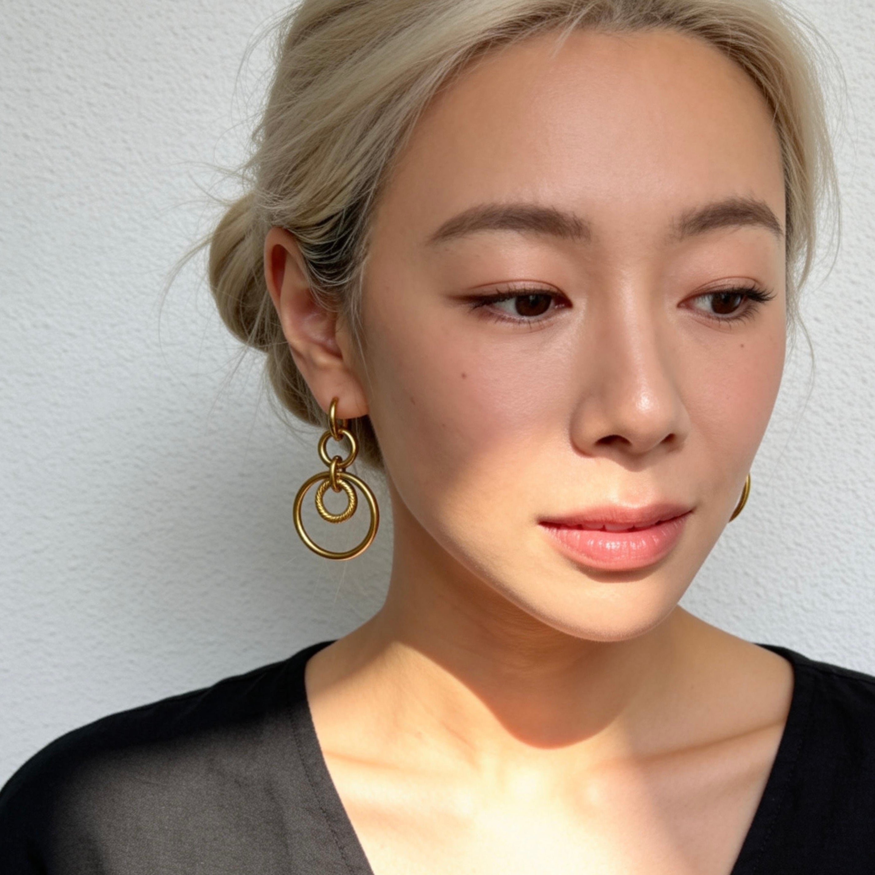 Gold Double Hoop Drop Earrings Geometric Style