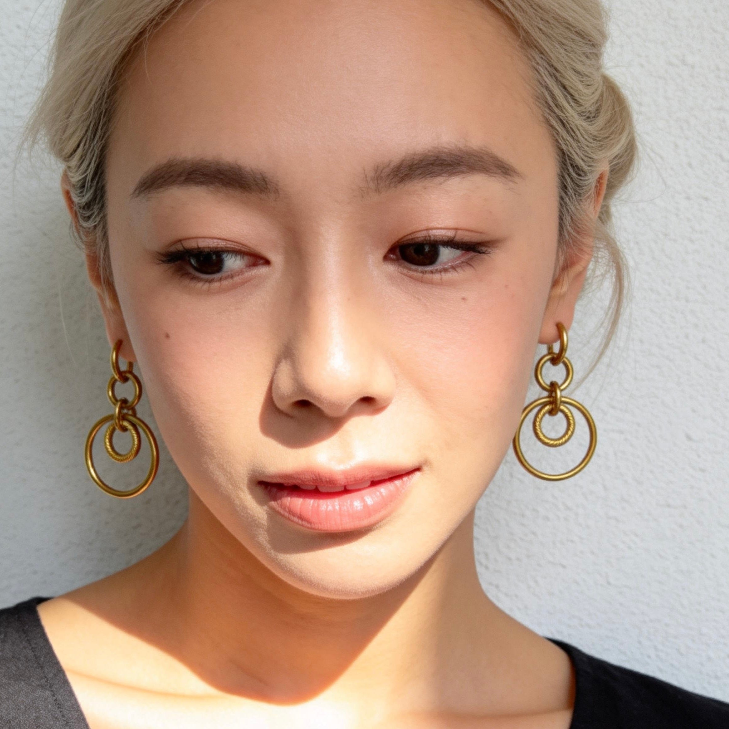 Gold Double Hoop Drop Earrings Geometric Style