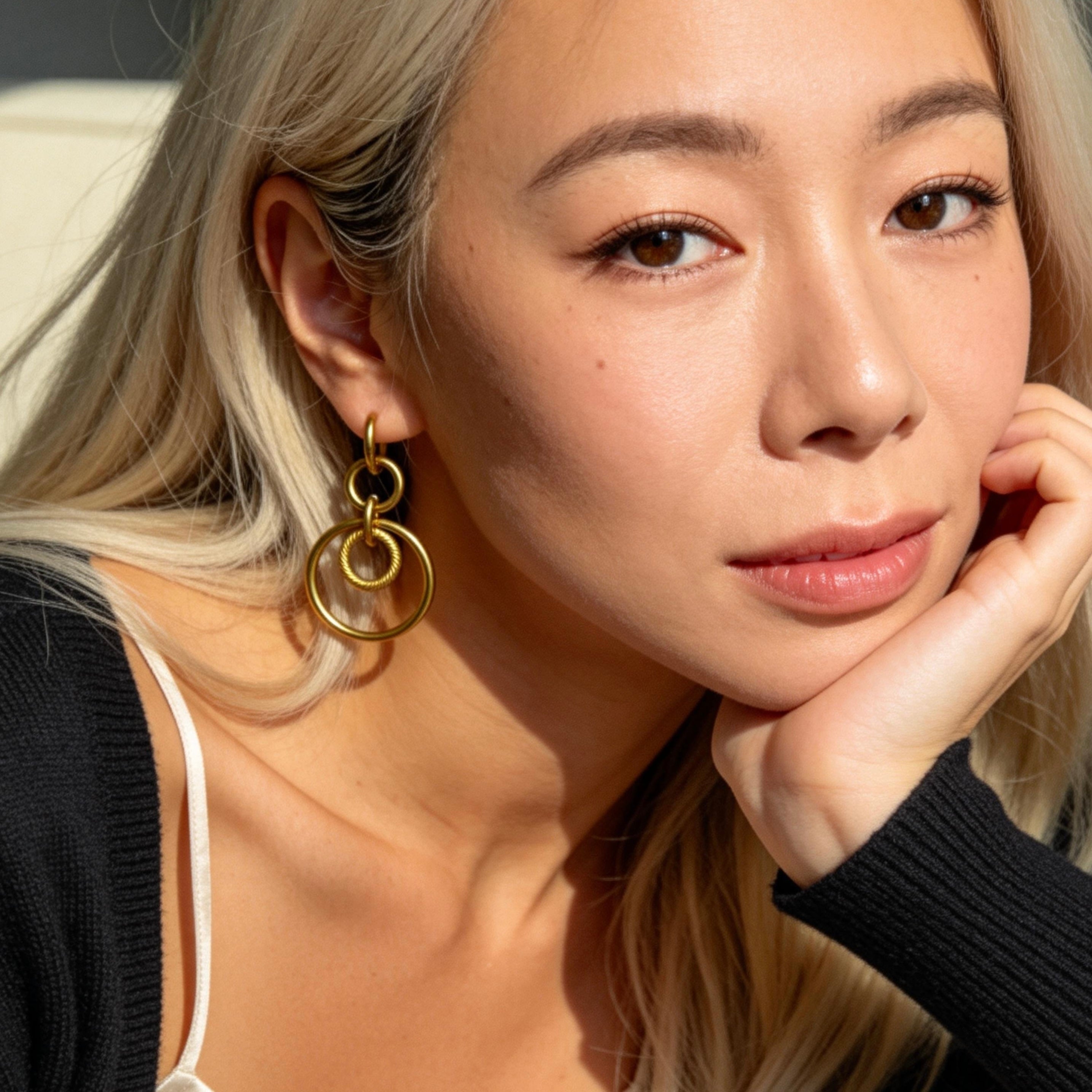 Gold Double Hoop Drop Earrings Geometric Style