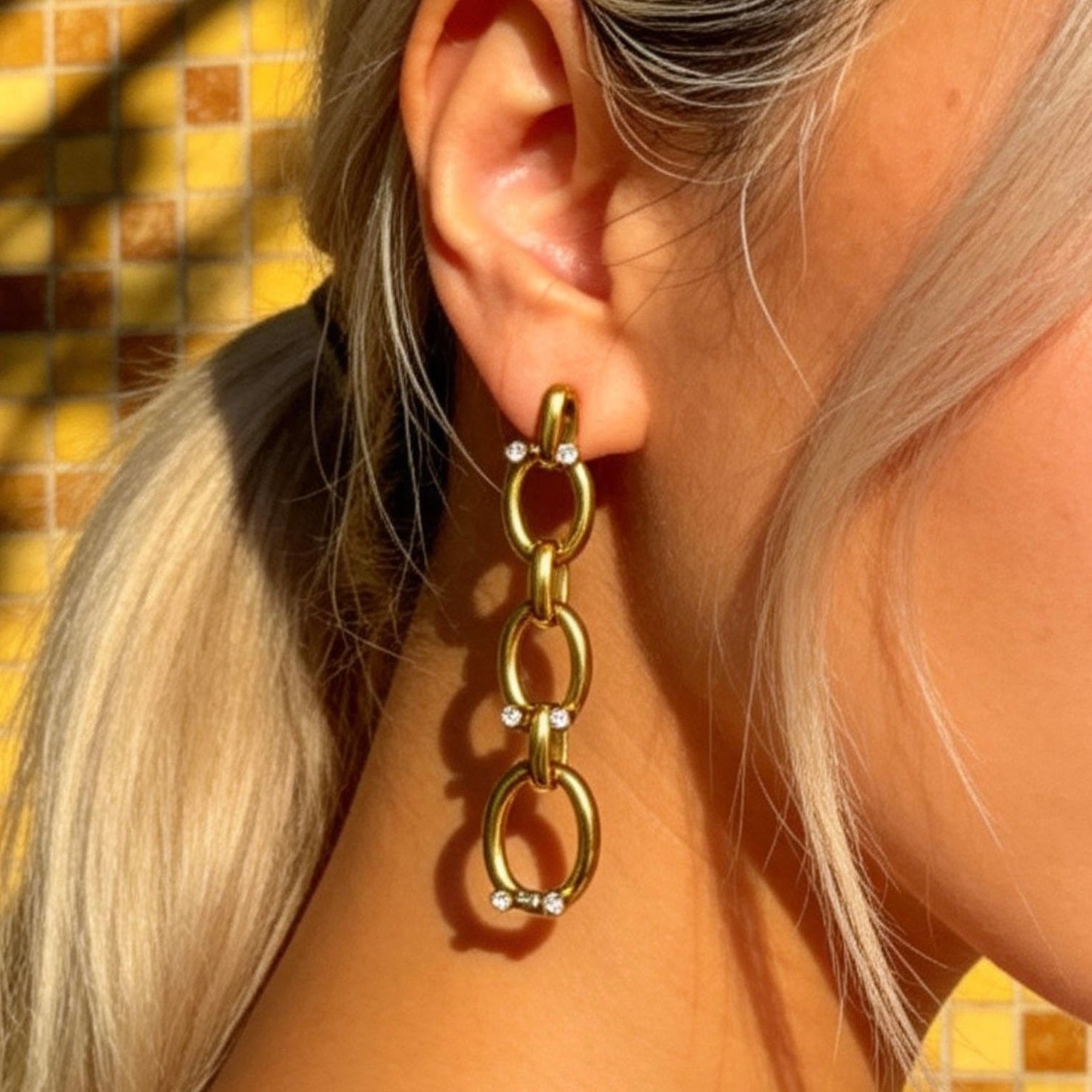 Gold Chain Drop Rhinestone Earrings