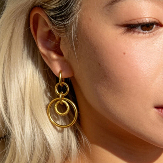 Gold Double Hoop Drop Earrings Geometric Style