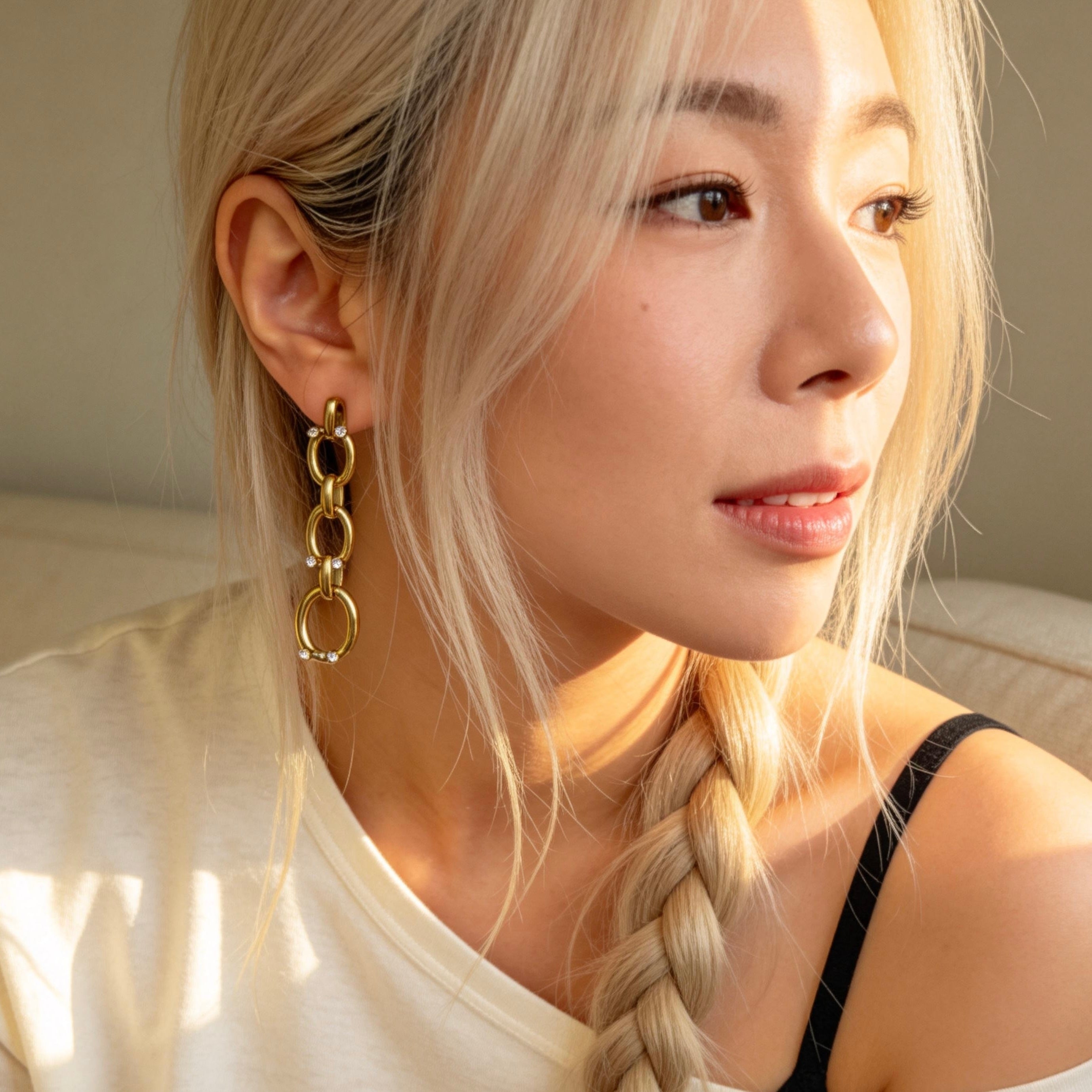 Gold Chain Drop Rhinestone Earrings