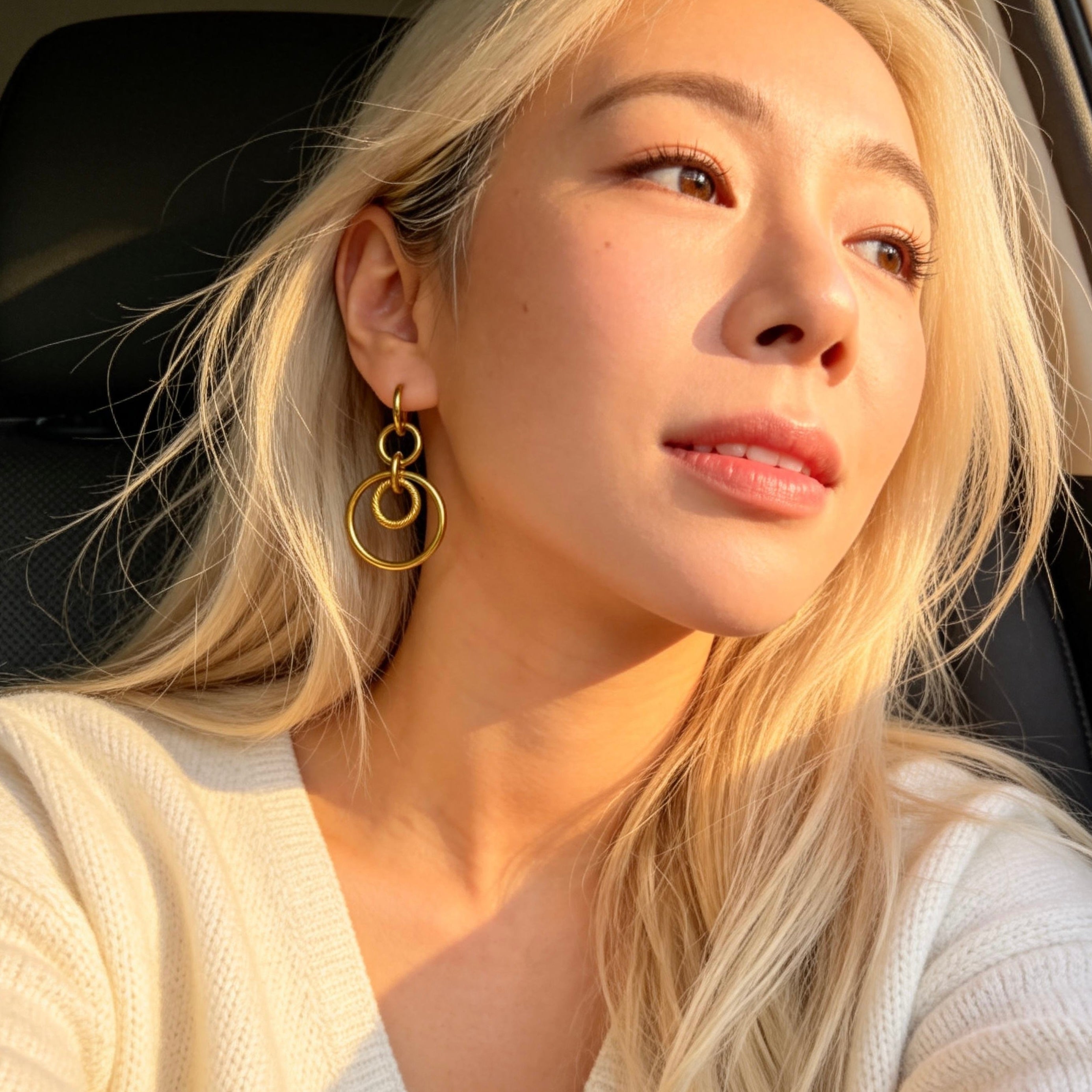Gold Double Hoop Drop Earrings Geometric Style