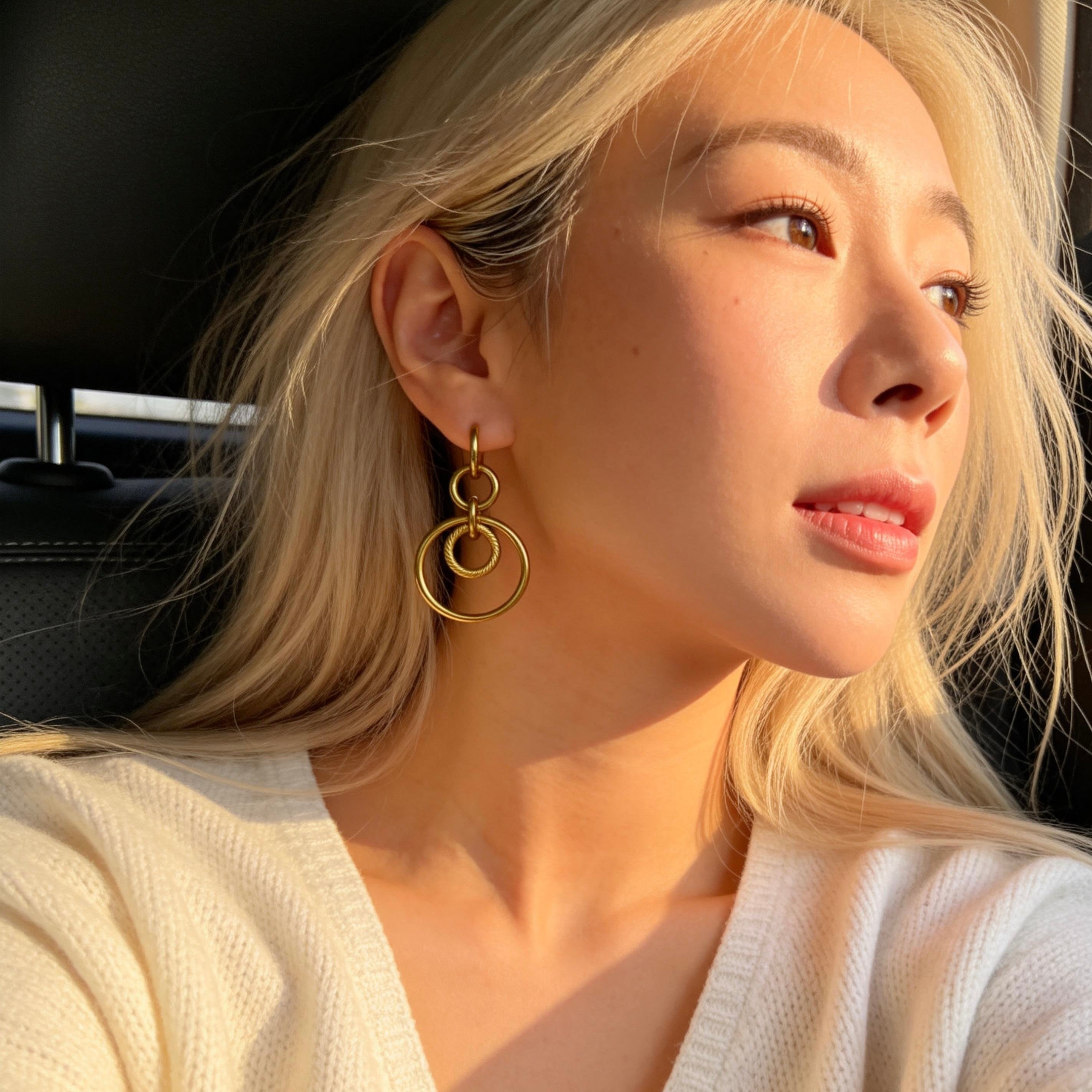 Gold Double Hoop Drop Earrings Geometric Style