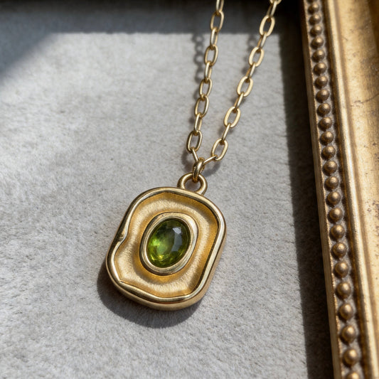 Gold Green Gemstone Square Pendant Necklace