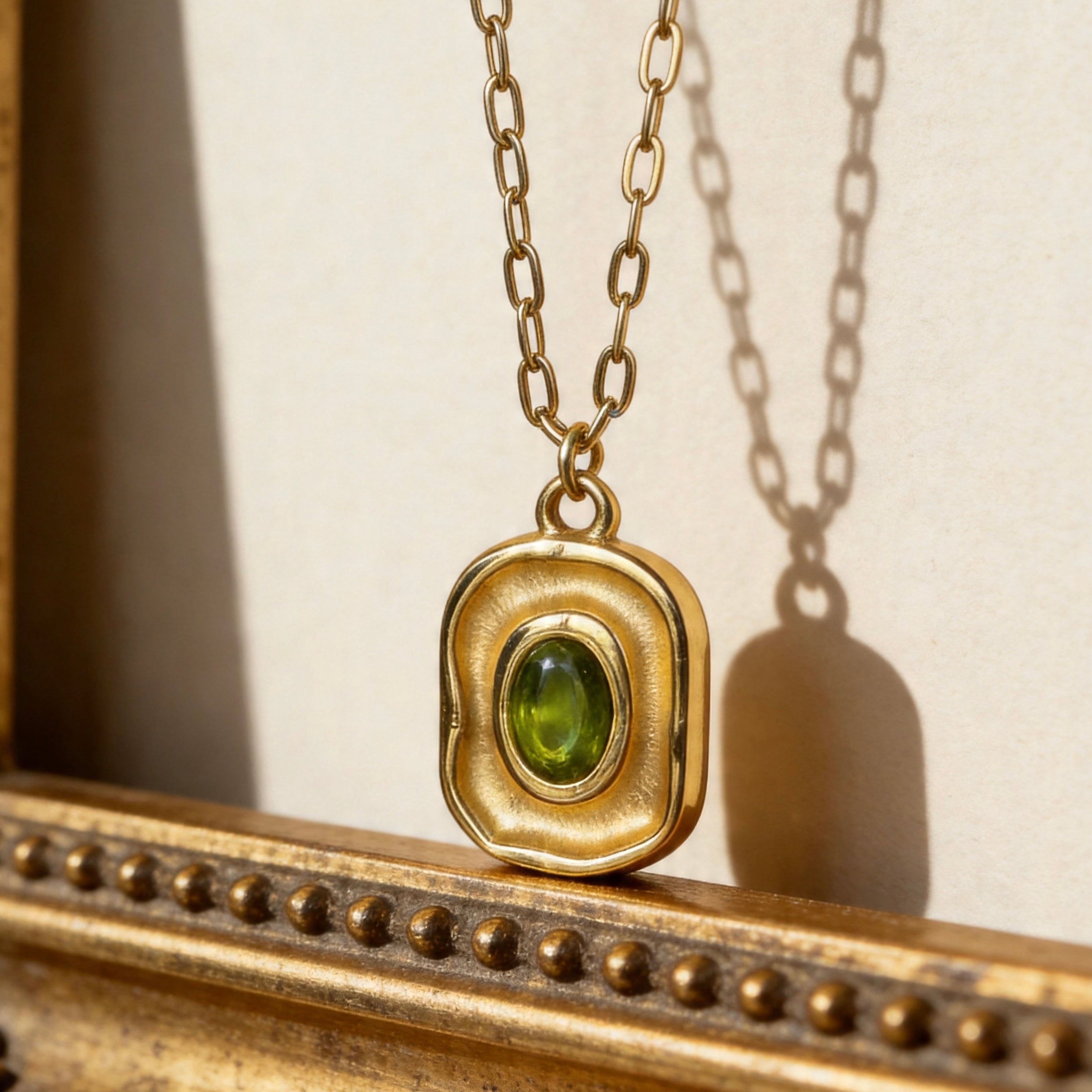Gold Green Gemstone Square Pendant Necklace