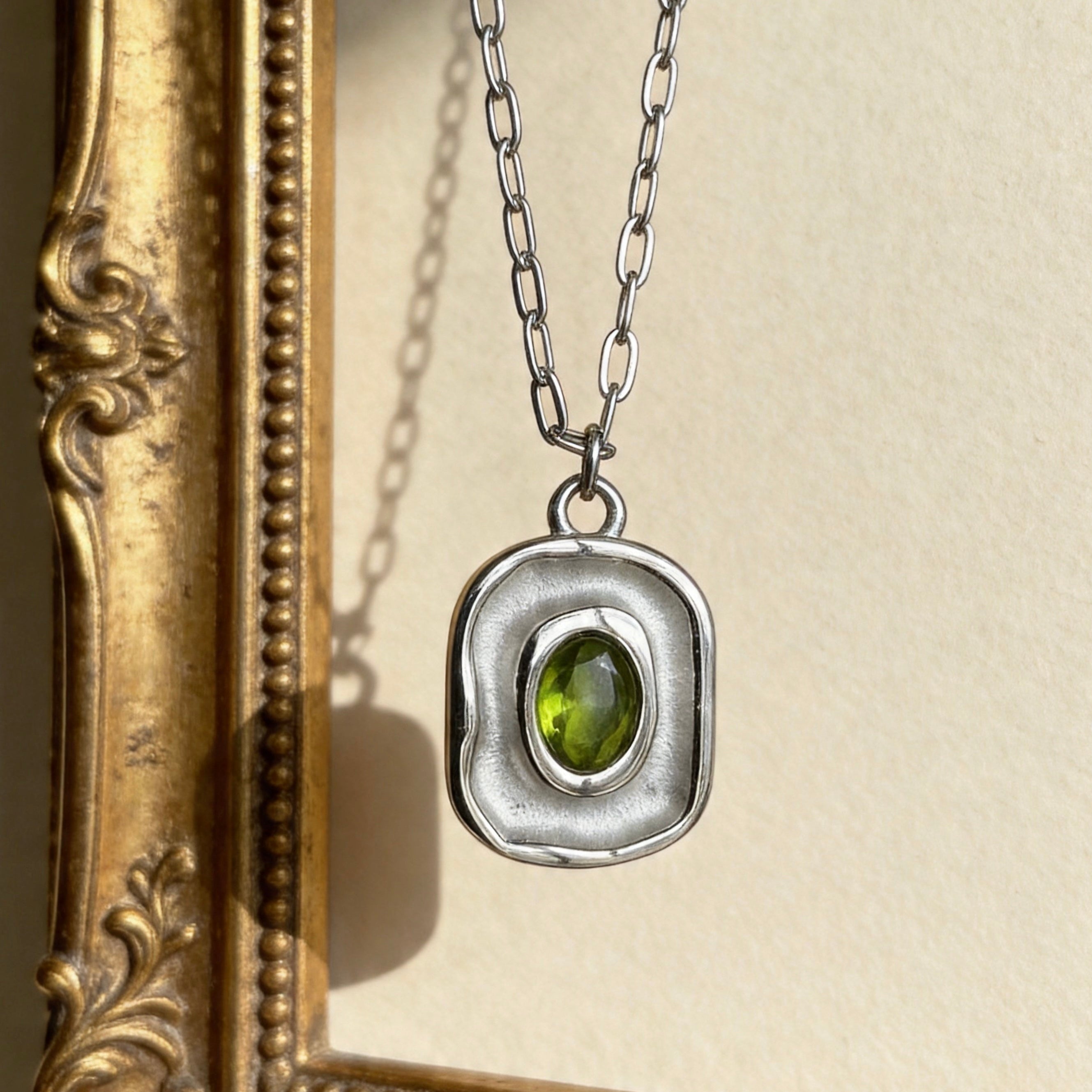 Stainless Steel Green Gemstone Square Pendant Necklace